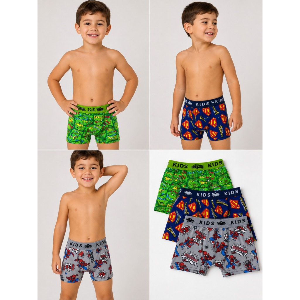 Cueca Infantil box Kit 6 Cuecas Box Infantis Boxers de Microfibra Elastano Com Cos Ref: 022
