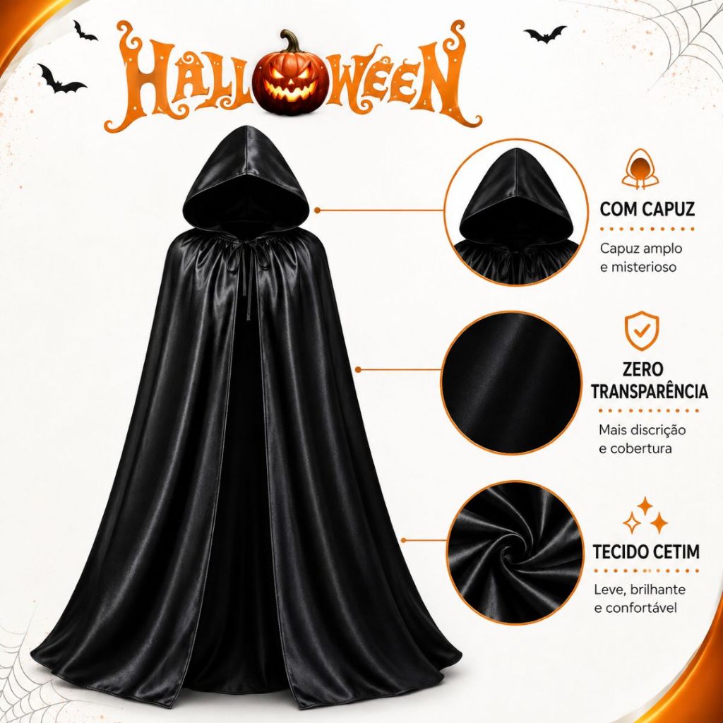 Capa De Bruxa Vampiro Drácula Com Capuz Halloween Pânico Luxo Fantasia Halloween Cetim Preto