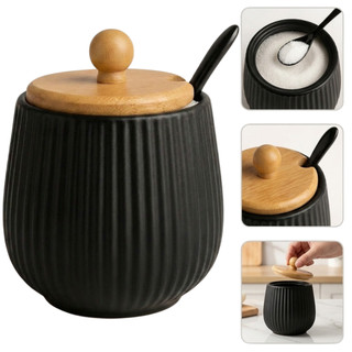 Açucareiro De Cerâmica Com Tampa de Bambu E Colher 360ml Oasis Preto Ou Branco Porta Condimentos