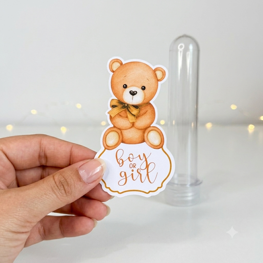 Apliques para Tubete CHÁ REVELAÇÃO CHÁ DE BEBE URSINHO AMARELO  - Festa Infantil - Lembrancinhas Personalizadas