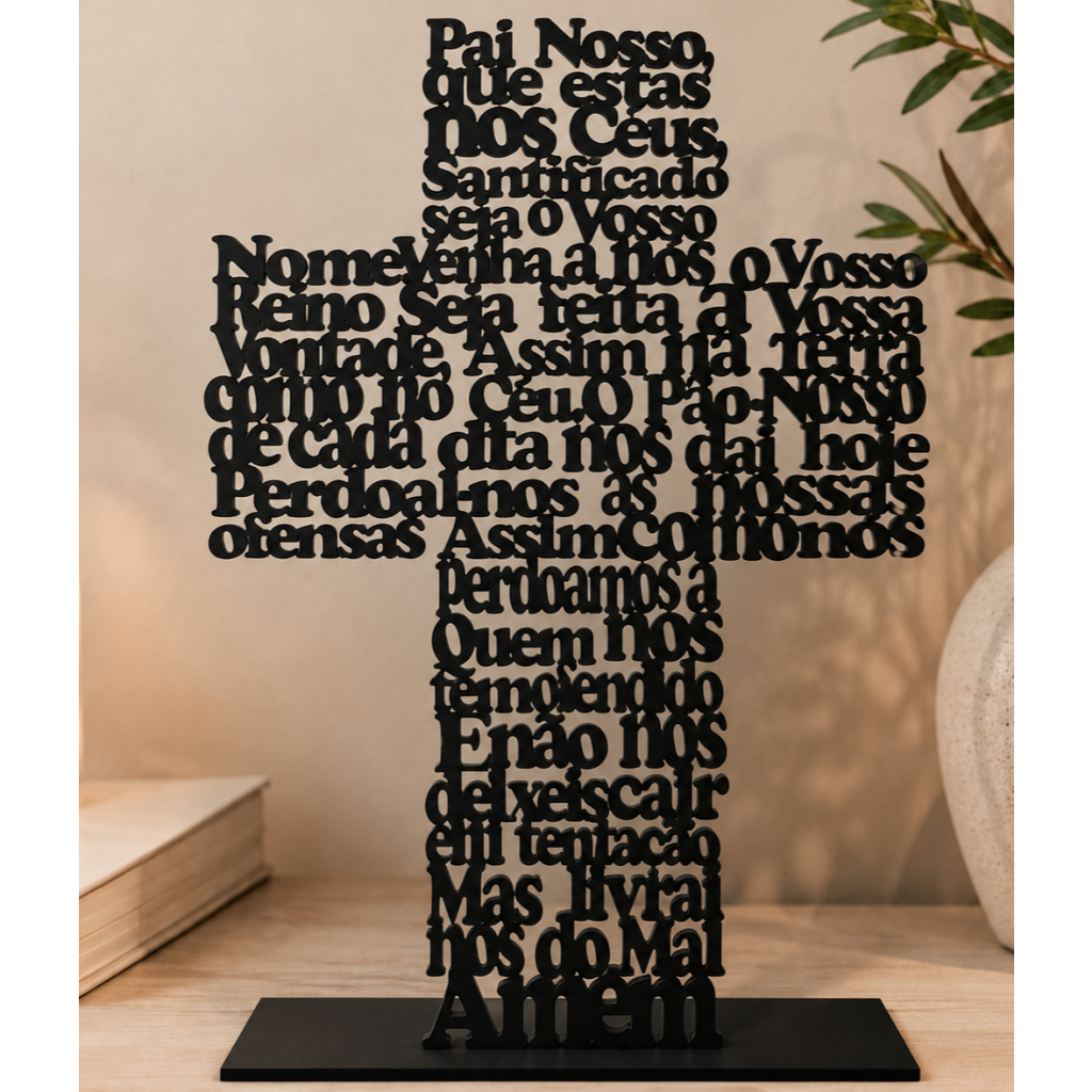 Cruz Decorativa Pai Nosso em MDF | Quadro de Mesa Cristão | Decoração Religiosa | Presente Católico/Evangélico