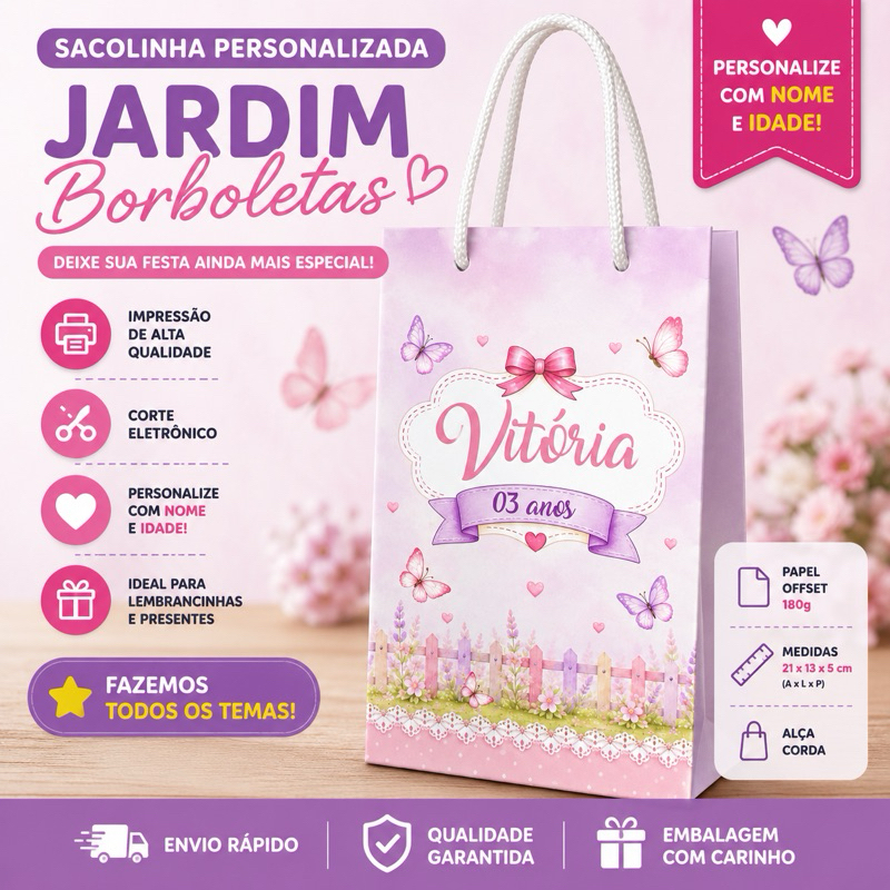 Sacolinha personalizada Jardim das borboletas festa, aniversário, lembrancinha