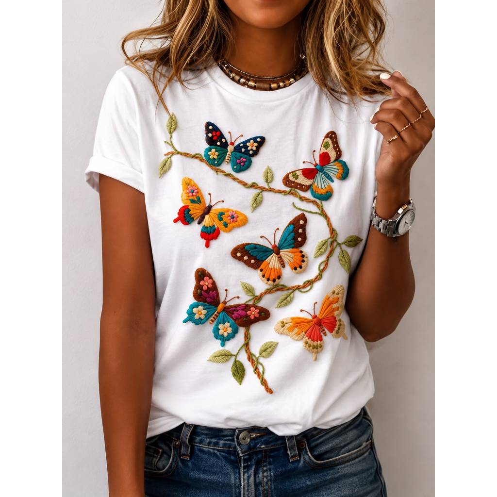 Blusa T-shirt Feminina Borboletas Coloridas 100% Algodão P ao Plus Size