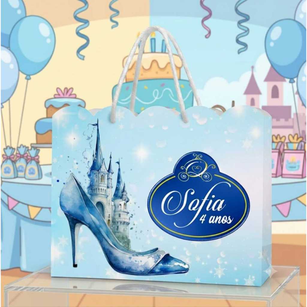 Kit Sacolinha Ondulada Cinderela Personalizada com Nome e Idade PEGUE E MONTE (20x15x5) Kit Festa Infantil Lembrancinha