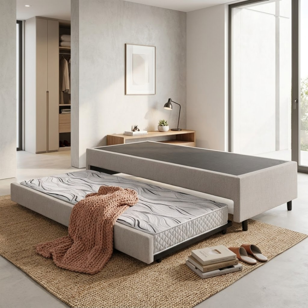 Bicama Box Solteiro Courino Linho Areia 88x188x28 cm com Colchão Auxiliar Ecoflex