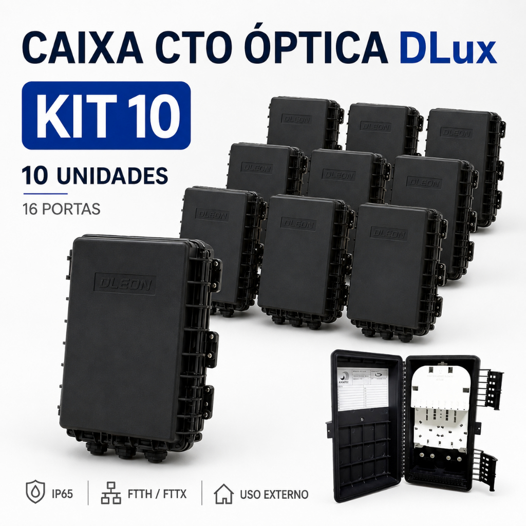 KIT 10 Caixa CTO Óptica DLux 16 Portas com Cordoalha IP65 FTTH FTTX Splitter 1x8 1x16
