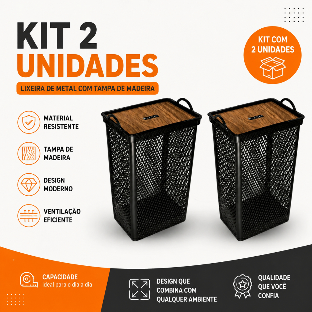 Super Kit Com 2 Cestos Telado Tampa Label Madeira 49L - TOY 25986