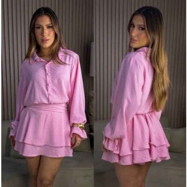 Macaquinho Feminino Ângela Manga Longa Camisa Duna Babado Soltinho Blogueira Moda Tendência — imagem 2 de 2