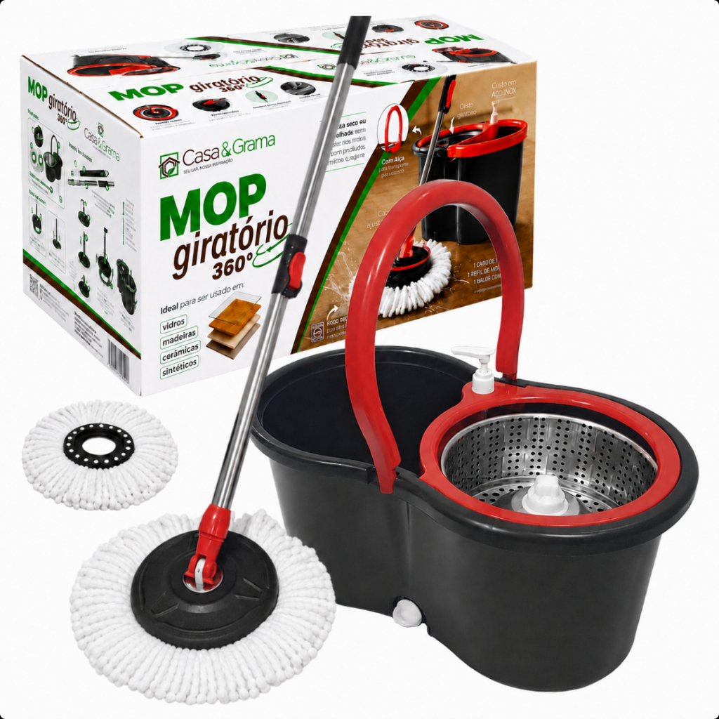 Mop Giratório Esfregão Cabo 156cm Reforçado Balde De 14L Cesto Inox Dispenser Refil Duplo Casa&Grama