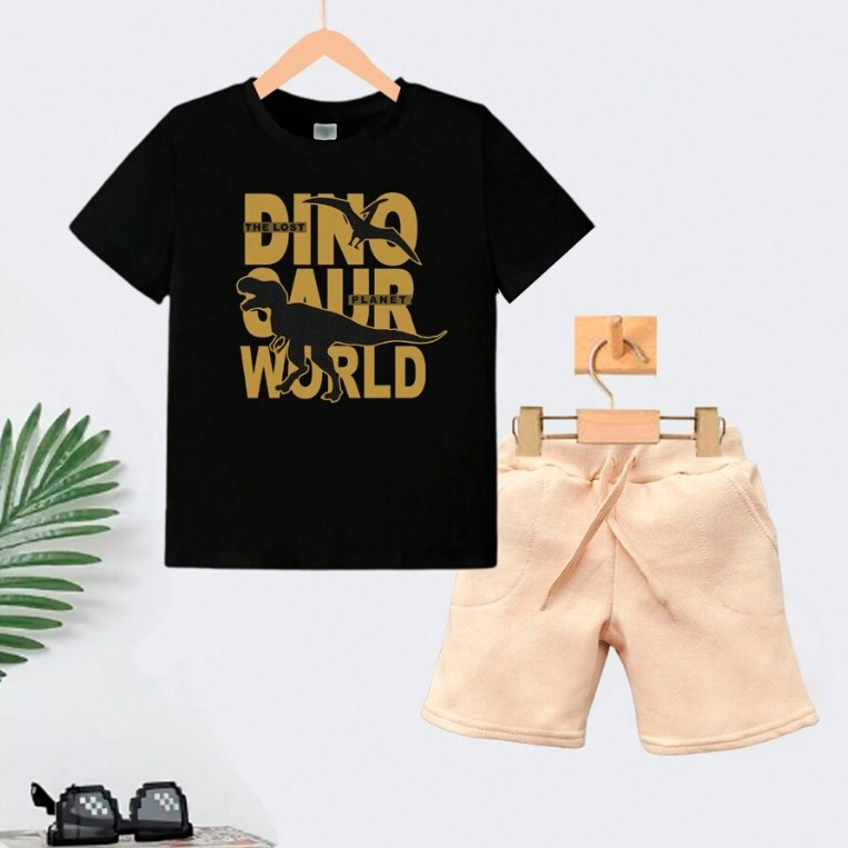 Conjunto Infantil Masculino Dinossauro Camiseta e Short Estampado Jurassic Roupa Verão
