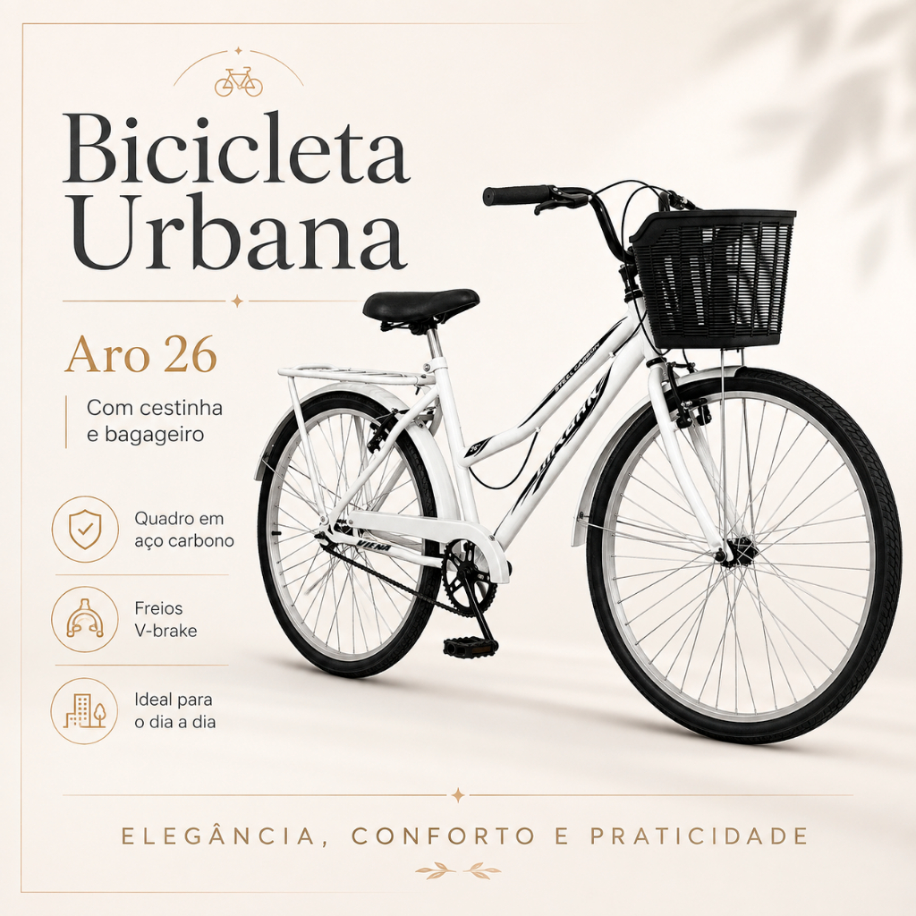 Bicicleta Aro 26 Feminina de Passeio Urbana Sem Marcha com Cesta Bagageiro V-Brake Aço Carbono Retrô