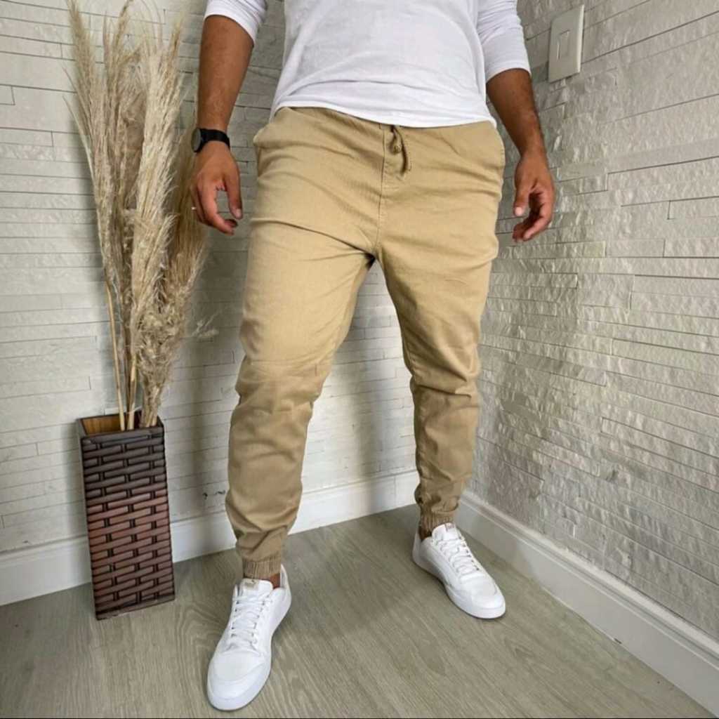 Calça Sarja Jogger Masculina Bege Visual Clean e Sofisticado sem Abrir Mão do Conforto Praticidade + Estilo Sem Esforço