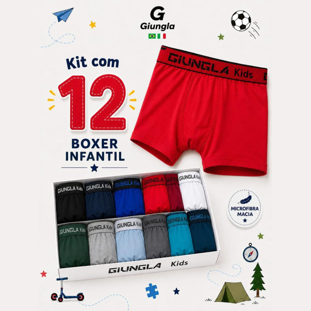 Kit 12 Cuecas Boxer Infantil para Meninos Microfibra Lisa Cueca Box Giungla Kids