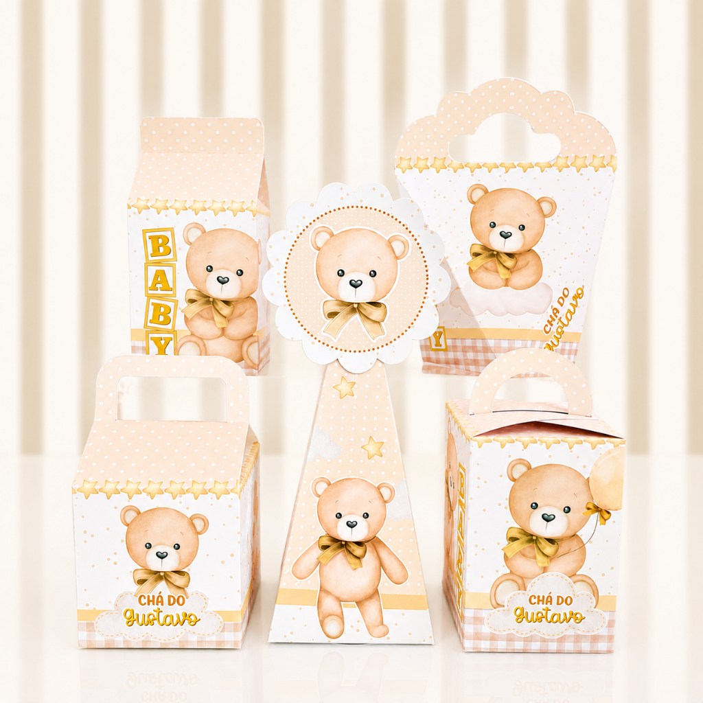 Caixas personalizadas Chá de Bebê ursinho, personalizados chá Revelação Menino Dourado Neutro Ursinho