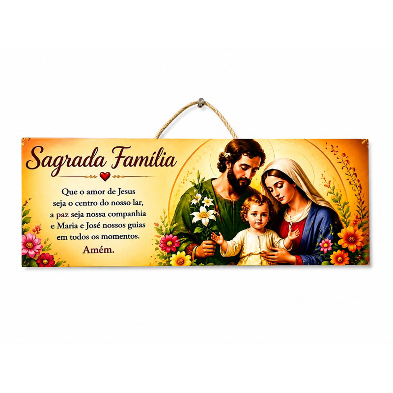 Placa Decorativa Sagrada Família MDF 22x8cm com Oração para Lar Cristão Decoração Católica Religiosa Presente
