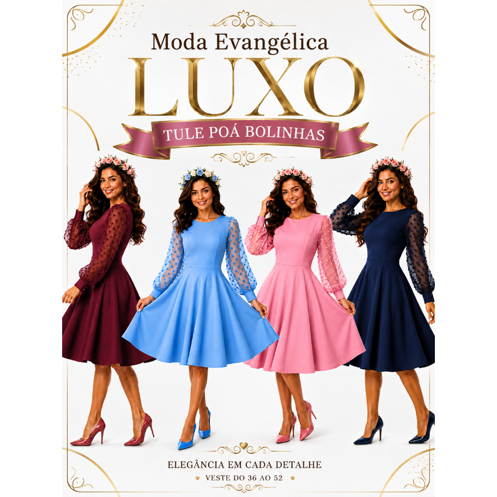 Vestido Midi Moda Evangélica Secretária Plus Size Luxo Elegante com manga Bufante Princesa de Tule Bolinhas