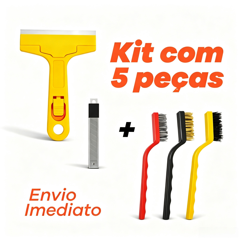 Kit 5 Peças Raspador + 3 Escovas de Aço para Limpeza Fogão, Vidro e Azulejo com Lâminas