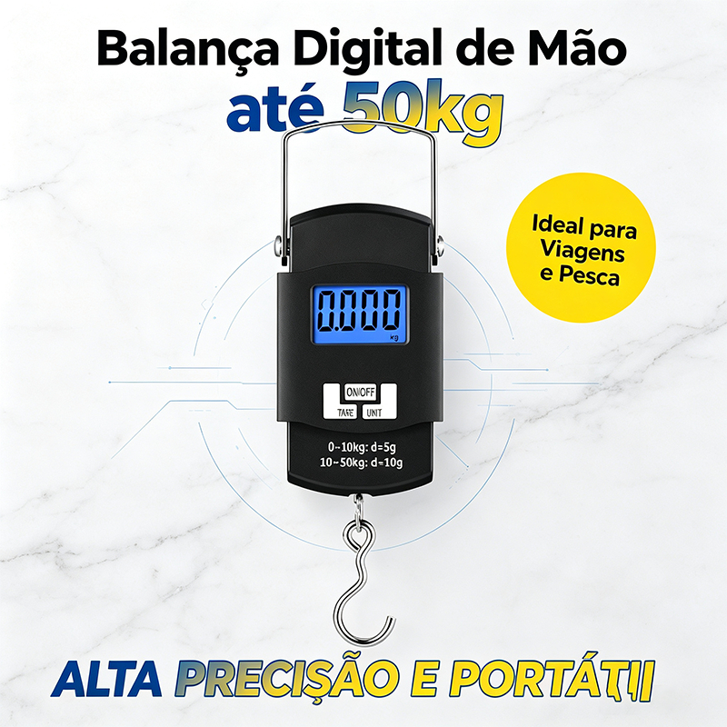 Imagem Balança Digital Portátil de Gancho até 50 kg com Visor LCD, Função Tara e Unidades para Mala, Bagagem, Pesca e Viagem
