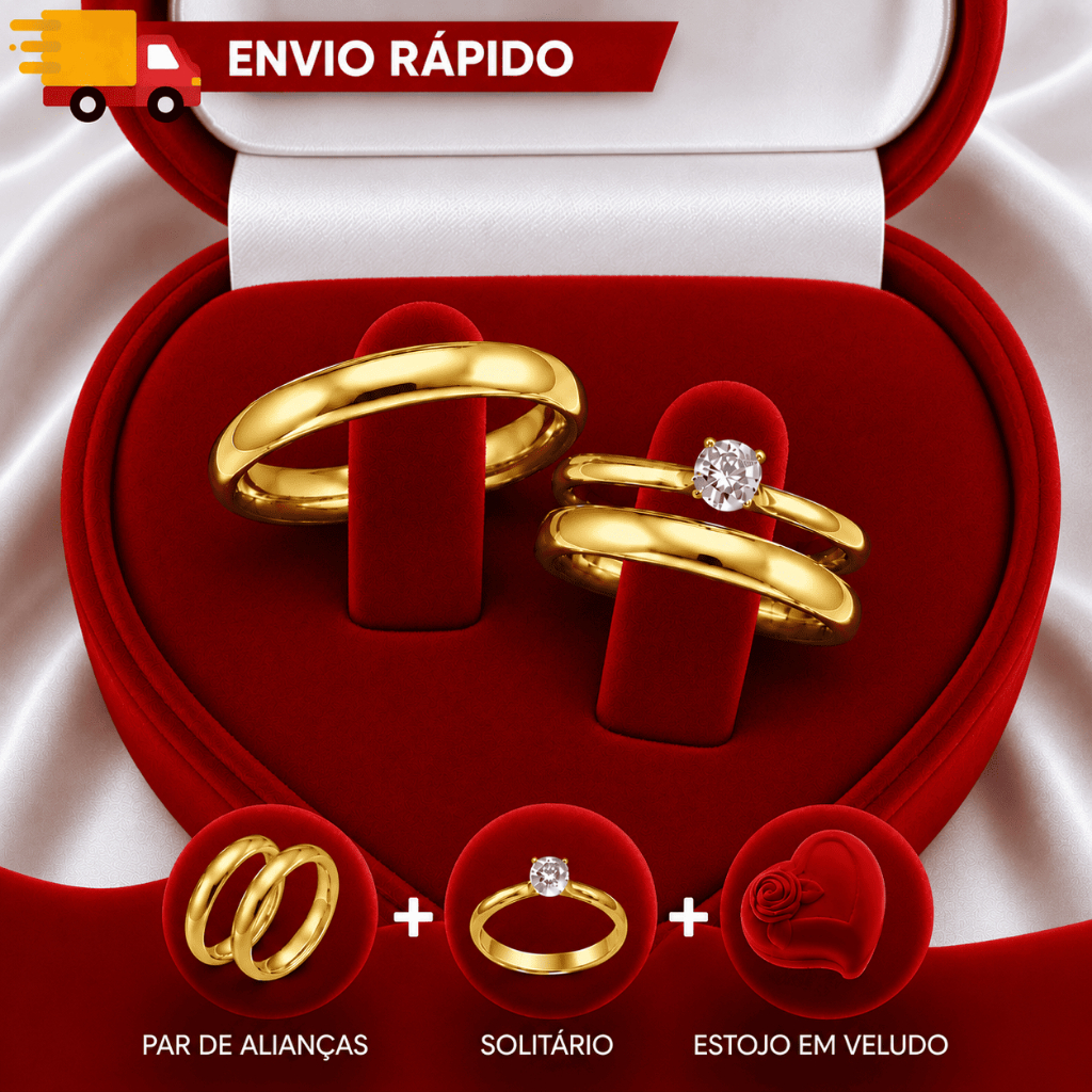 KIT Par Alianças Banhada Dourado Tradicional + Anel Solitário + Caixa de Veludo | Noivado, Compromisso, Namoro