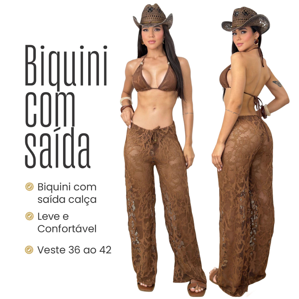 Biquíni 3 Peças Feminino com Bojo e  Calcinha Fio Duplo Acompanha Calça Saída de Praia Renda
