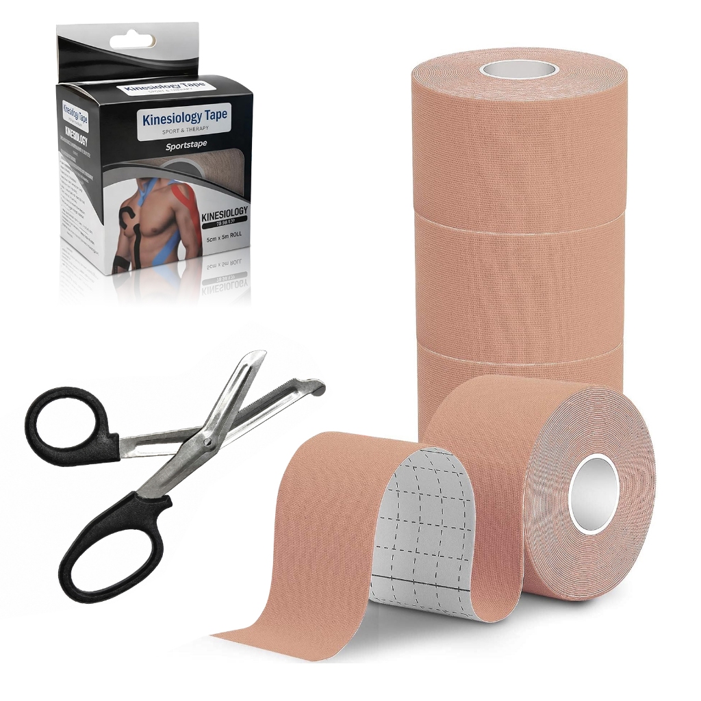 Kit 4 Fita Kinesio Tape 5cm x 5m + Tesoura - 100% Algodão - Impermeável - Alívio de Dor - Atletas e Fisioterapia