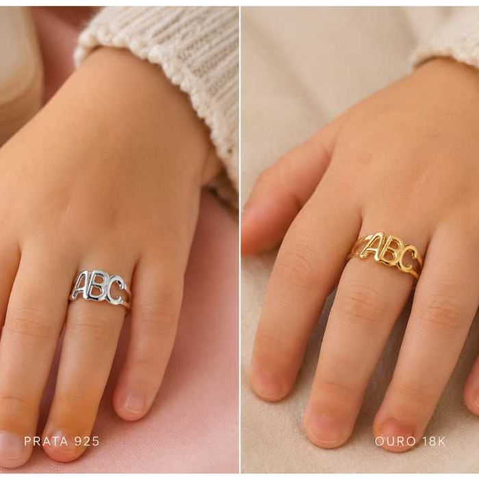 Anel infantil ABC Regulável usado para Formatura nos Banhos: Ouro 18K, e Prata 925