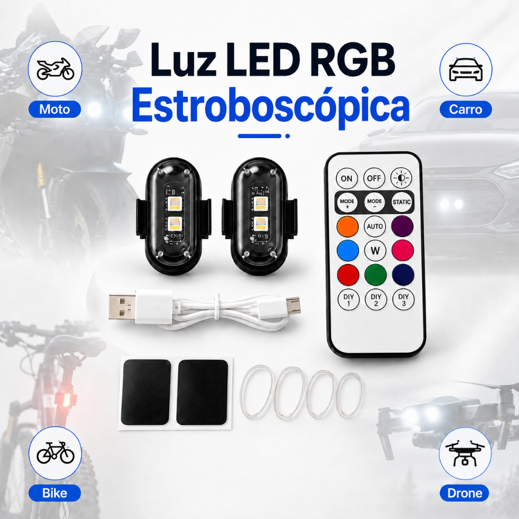 Kit 2/4/6 Luz LED RGB Estroboscópica Controle Remoto USB Recarregável Moto Carro Drone Bike Bicicleta