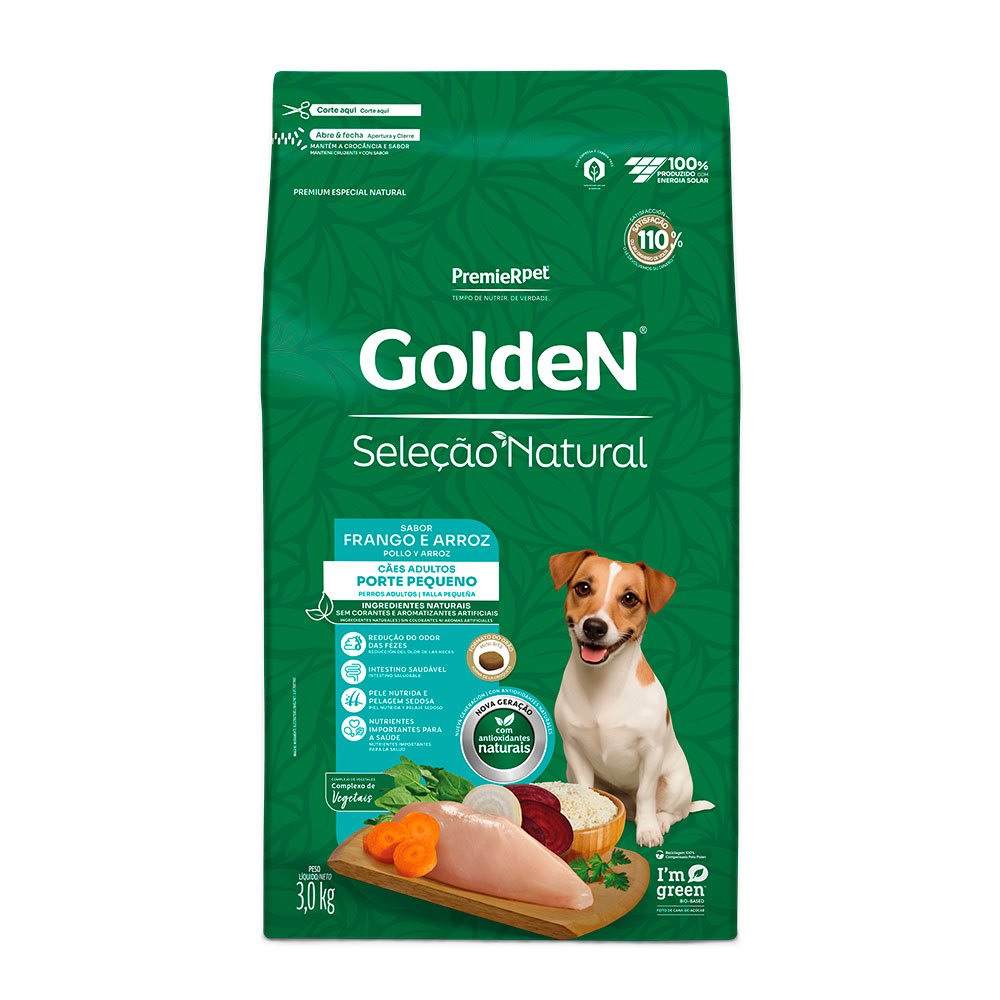 Ração Golden Seleção Natural Cães Adultos Porte Pequeno Frango e Arroz Mini Bits 3 kg