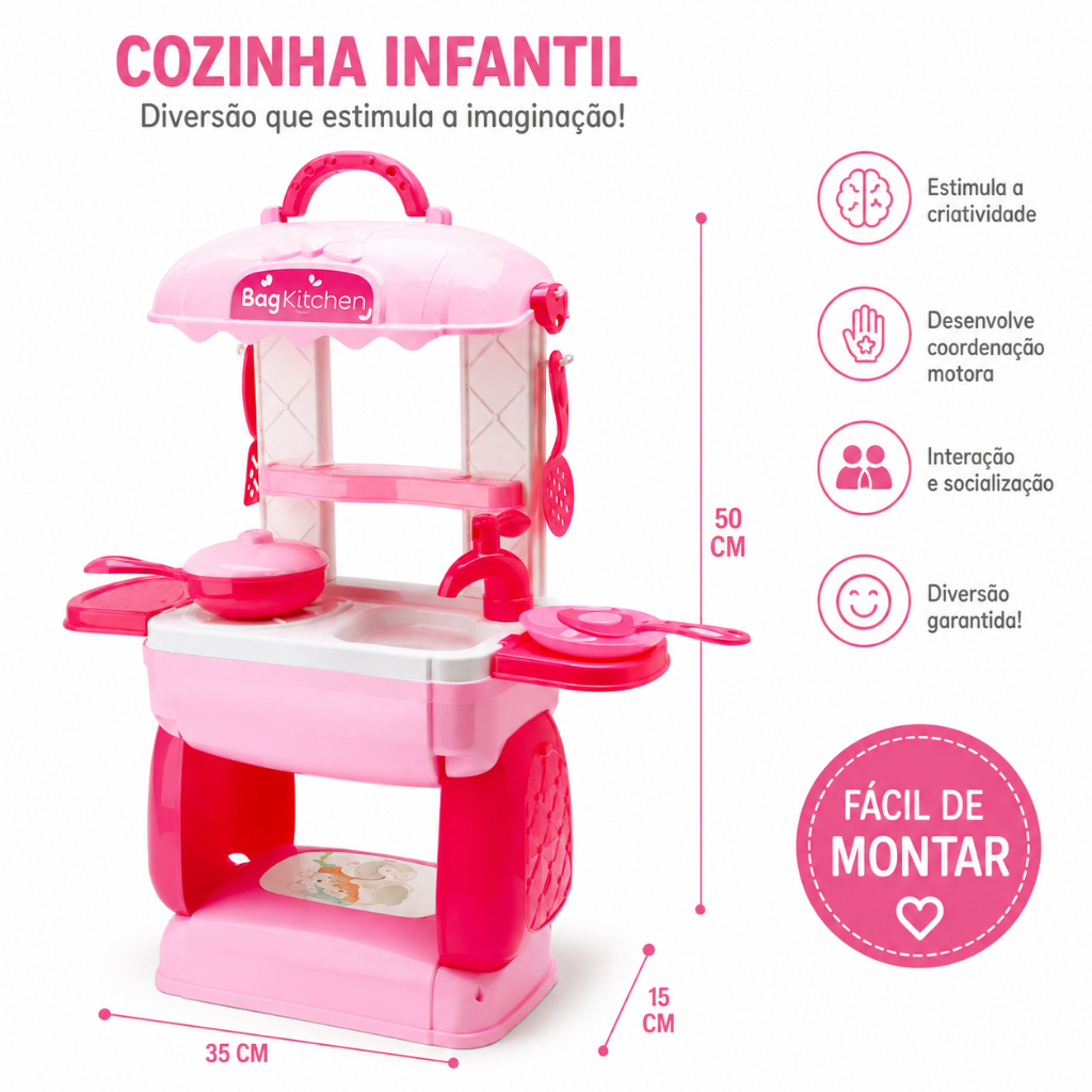 Kit Cozinha Maleta Brinquedo Menina Infantil Fogão Panelinhas Xícaras Acessórios Faz de Conta