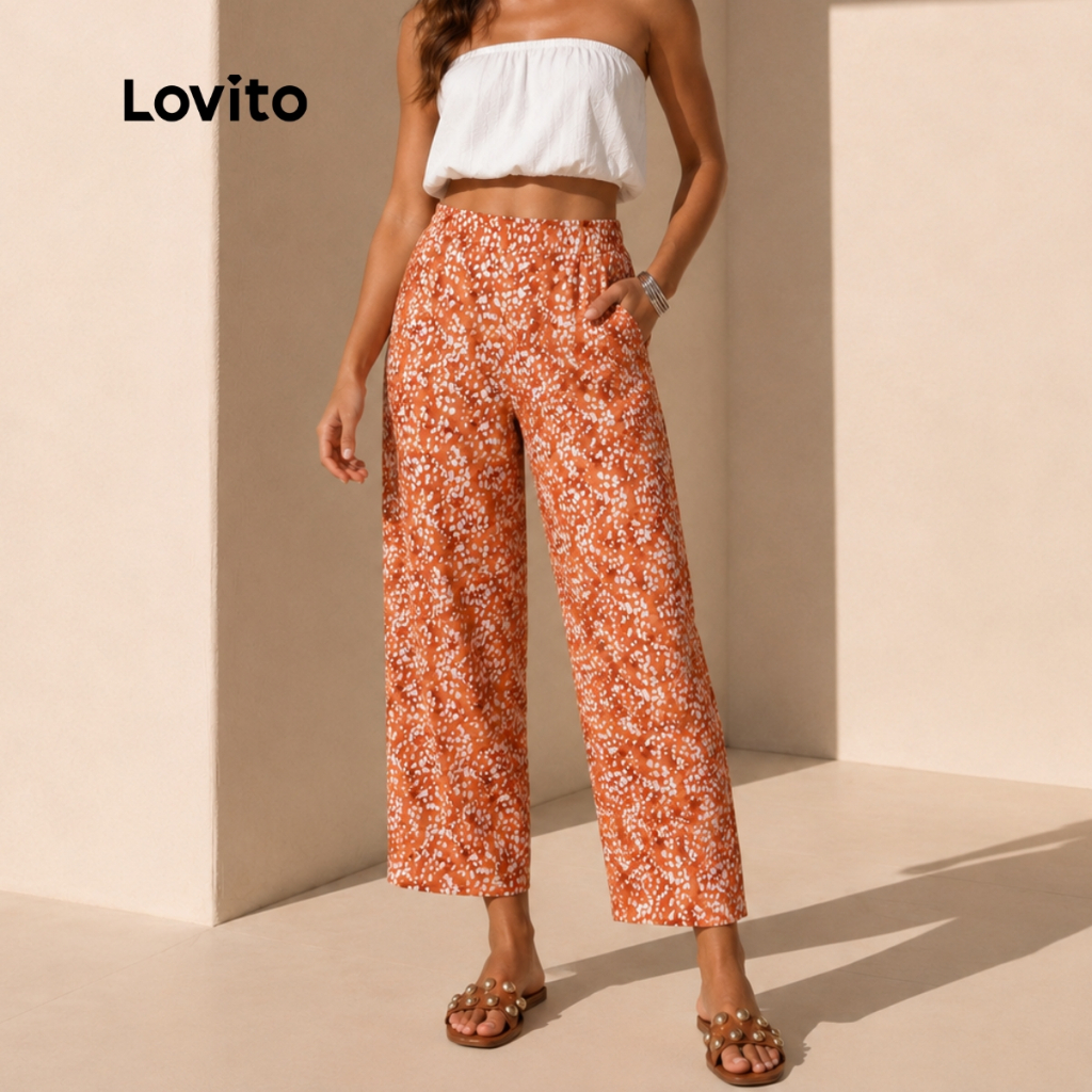 Lovito Calça Reta Estampada Bolinhas Marrom Elástico Cintura PTB19942024