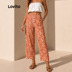 Lovito Calça Reta Estampada Bolinhas Marrom Elástico Cintura PTB19942024