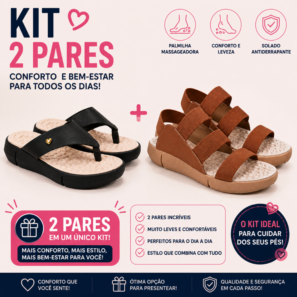 Sandália Feminina Ortopédica Palmilha Massageadora Confortável Leve Antiderrapante Kit 2 Pares