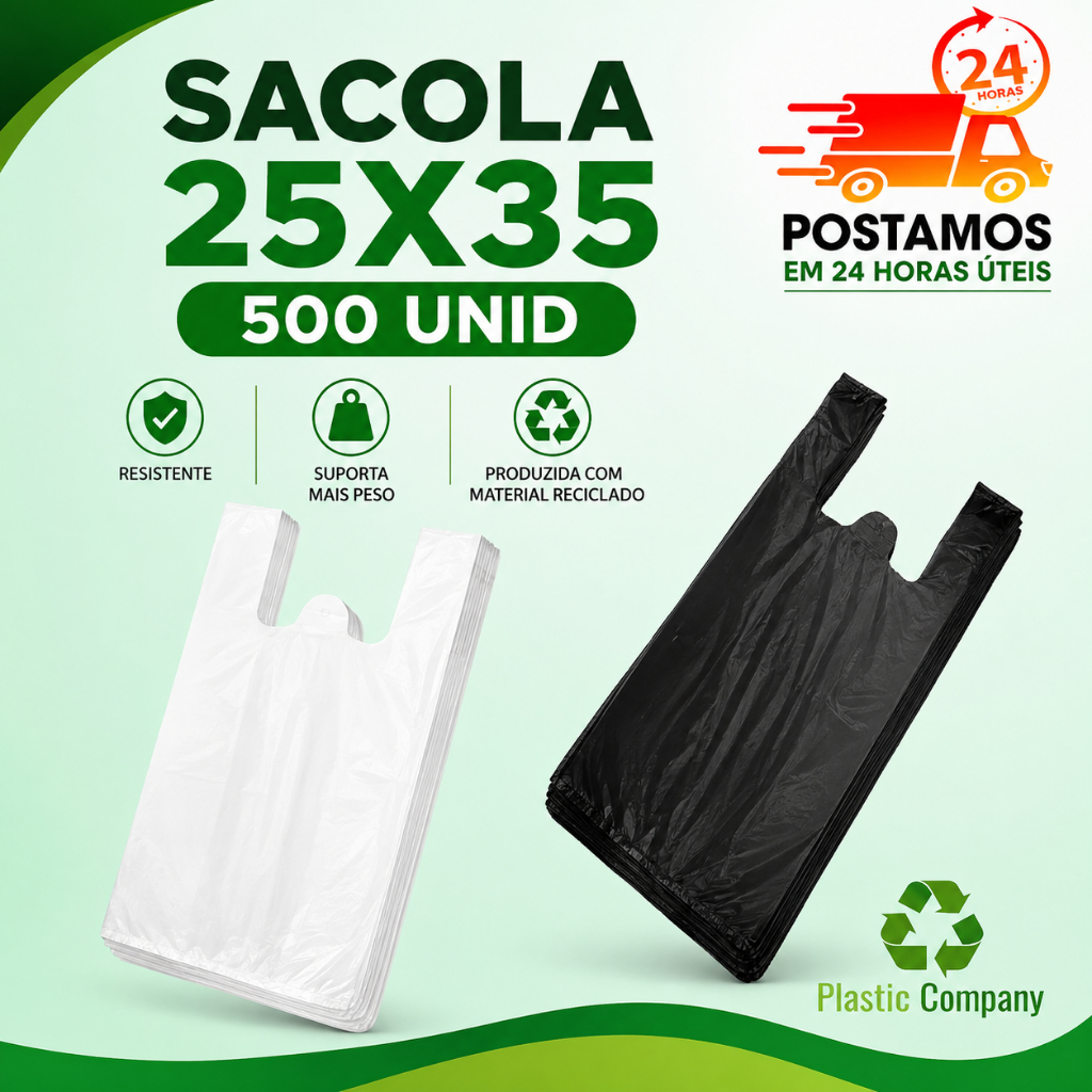 500 unid. -Sacola Plástica 25x35 Branca ou Preta