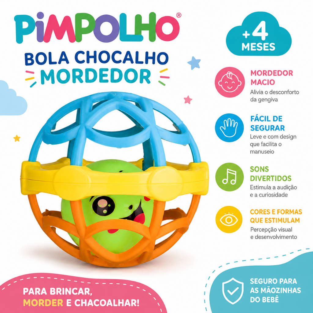 Bola Chocalho Mordedor para Bebê Pimpolho +4 Meses Brinquedo Sensorial Macio Colorido