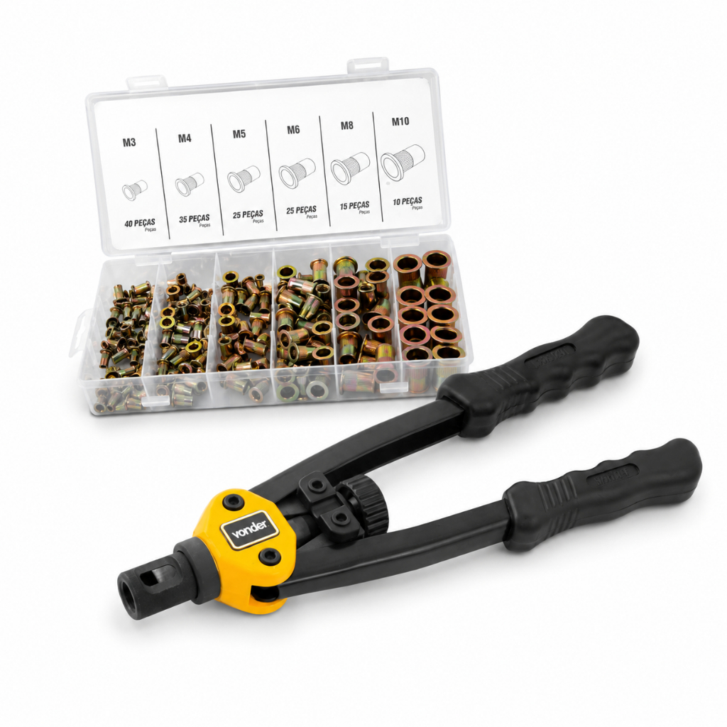 Kit Rebitador Manual RR310 com Rebites Rosca M3 a M10 150 Peças Vonder