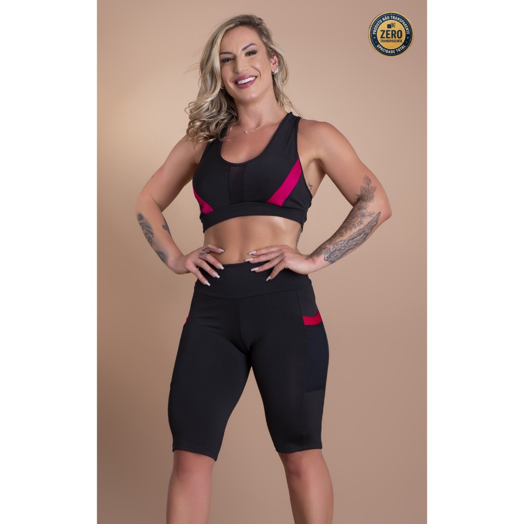 Conjunto Feminino Fitness Bermuda Cintura Alta Com Bolso Tela E Top Nadador Academia ZERO TRANSPARÊNCIA