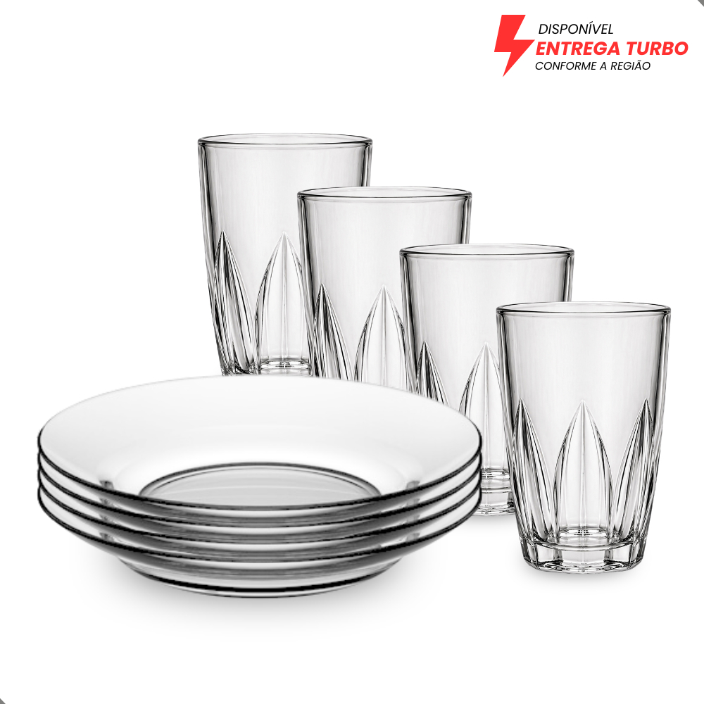 Aparelho de Jantar 8 Peças - 4 Pratos + 4 Copos 240ml - Ideal Para Almoço/Jantar