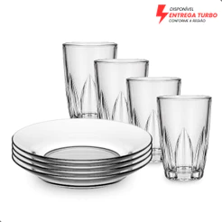 Aparelho de Jantar 8 Peças - 4 Pratos + 4 Copos 240ml - Ideal Para Almoço/Jantar