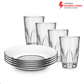Aparelho de Jantar 8 Peças - 4 Pratos + 4 Copos 240ml - Ideal Para Almoço/Jantar