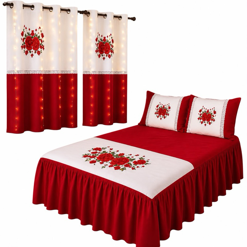 KIT DE QUARTO CASAL FLORAL 5 PEÇAS, COLCHA COM BABADO MEDIND 2.40x2.50 E DUAS CORTINAS PARA JANELA