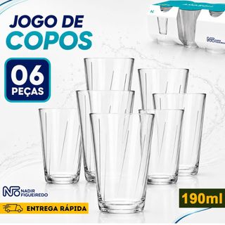 Kit Jogo 06 Peças Copo Vidro Resistente Nadir Modelo Sm Amazon Cristalino 190ML- Sucos Café