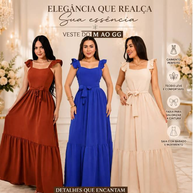 Vestido longo alça babado Casual moda gringa feminina evangélica verão!!!