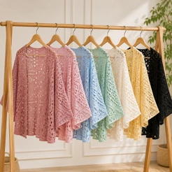 Capa Kimono de Tricot Rendado Verão Elegante Cores Tendência
