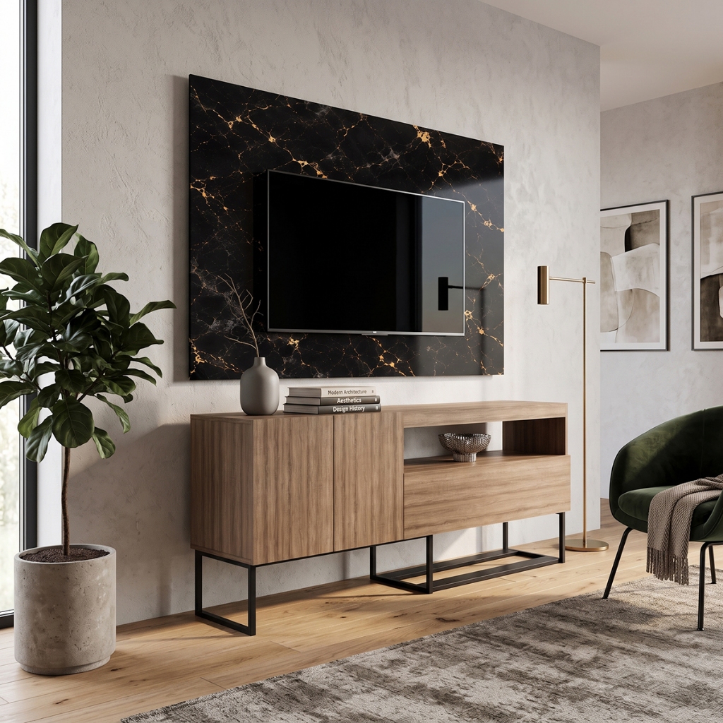 Rack e Painel para TV 150cm até 55 Polegadas Mármore Preto Dourado Amadeirado MDF Sala Estar Home Theater