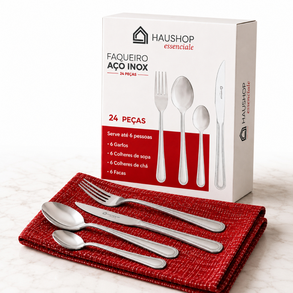 Jogo De Talheres Faqueiro Inox Essenciale Haushop 24 Peças Prateado Completo Qualidade Premium