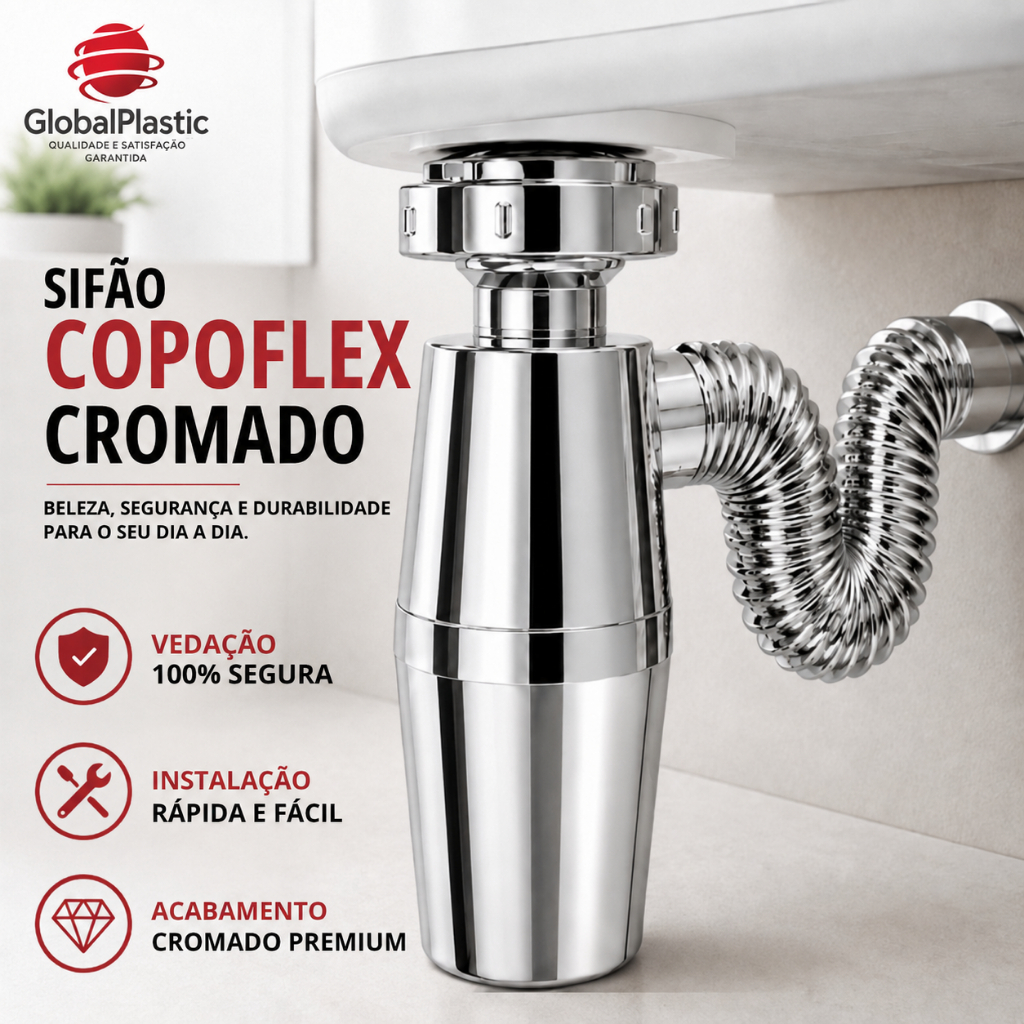 Sifão Copoflex Universal Sanfonado Flexível Cromado Ajustável para Pia, Cuba, Lavatório e Tanque