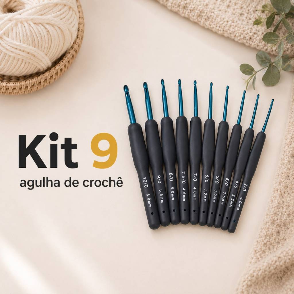 Kit 9 Agulhas de Crochê com Cabo Emborrachado Ergonômico para Artesanato 8729