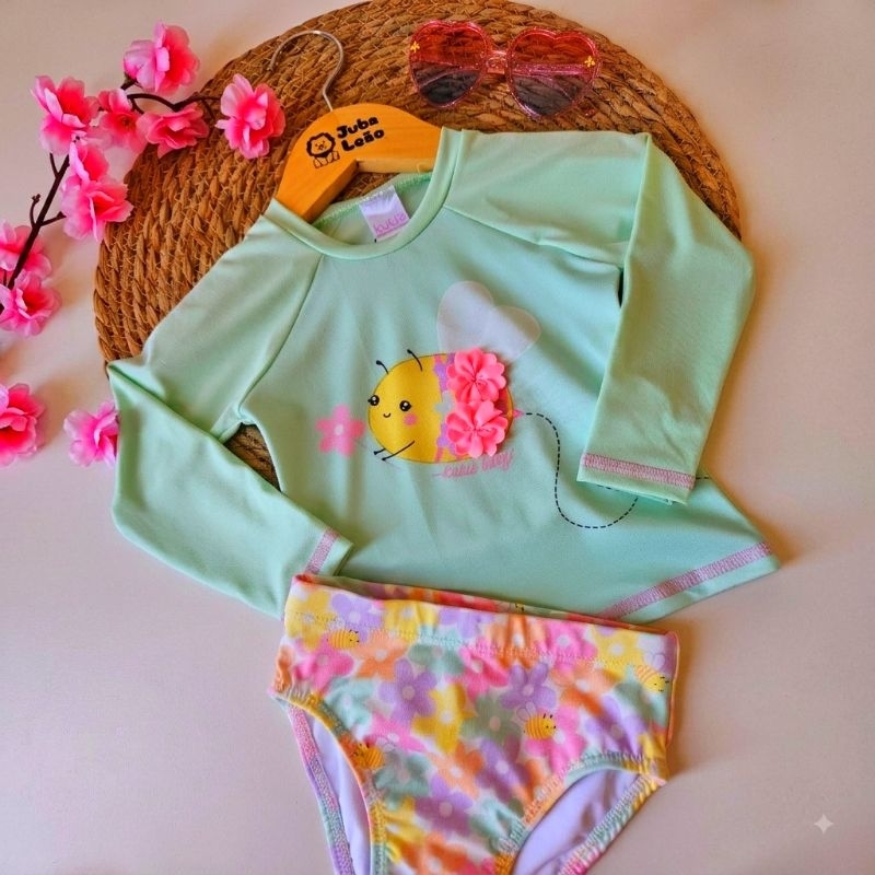 Conjunto infantil feminino Blusa de proteção UV e biquíni kukiê