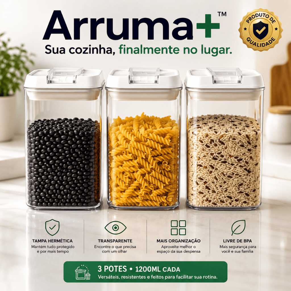 Kit 3 Potes Herméticos 1200ml Arruma+ Organizador de Alimentos Acrílico Transparente para Cozinha e Despensa