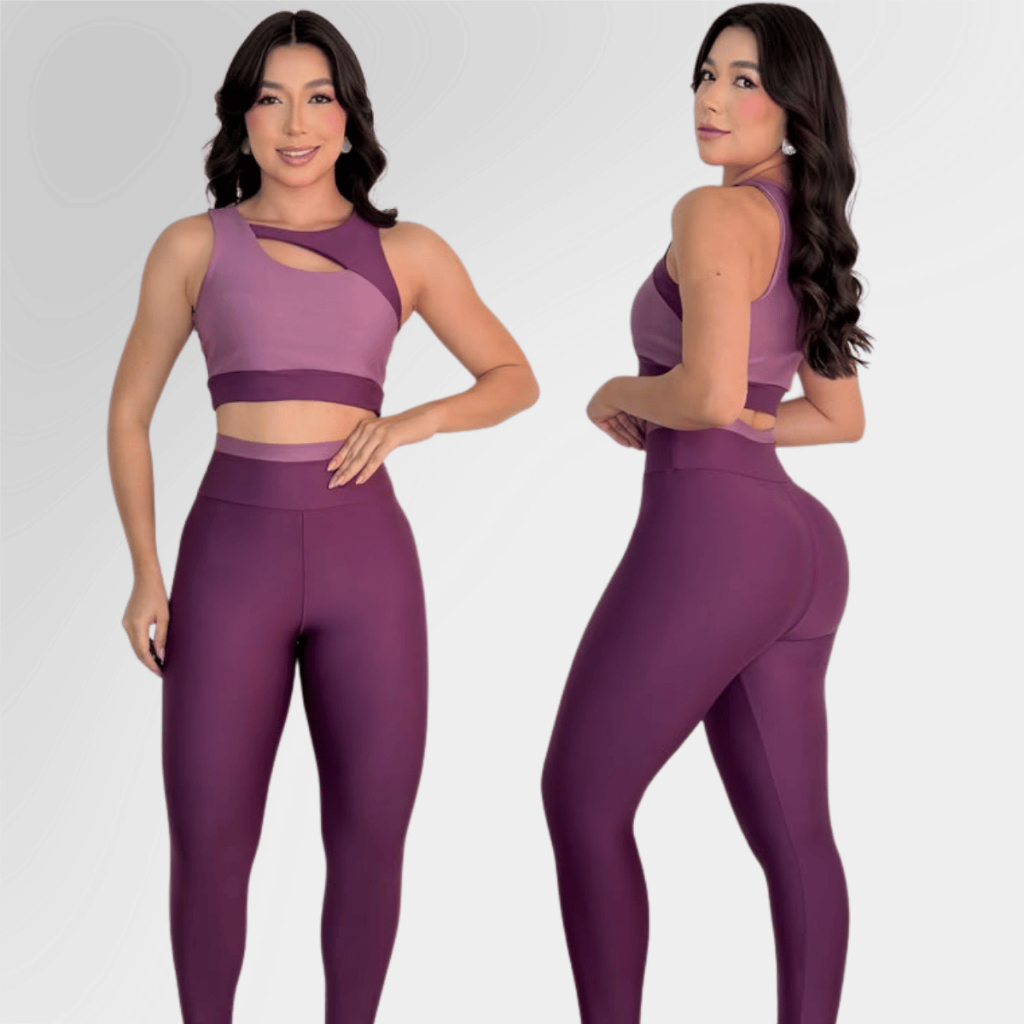 Conjunto Fitness Bicolor Feminino Top Assimétrico e Calça Legging Cintura Alta para Academia
